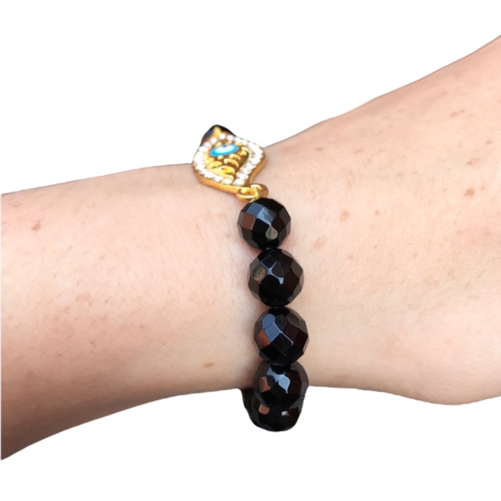 Evil Eye black agate beaded stretch bracelet - Picture 4 of 14